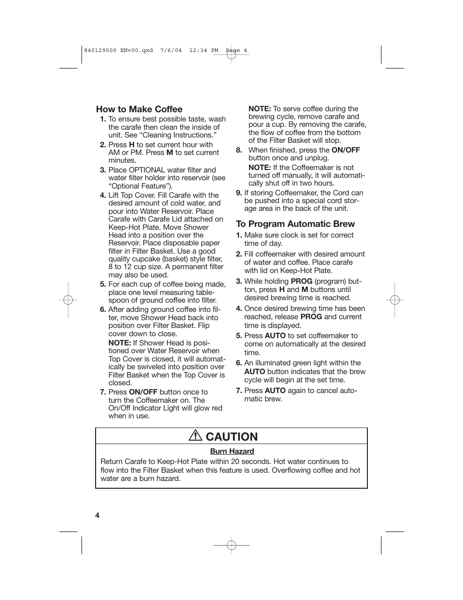 Using your coffeemaker, Caution | Hamilton Beach 43224C User Manual | Page 4 / 28