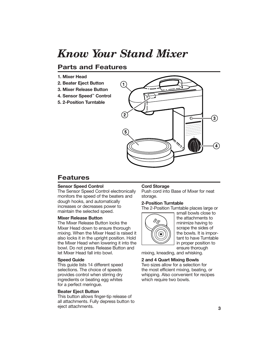 Know your stand mixer, Parts and features, Features | Hamilton Beach 840056500 User Manual | Page 3 / 10