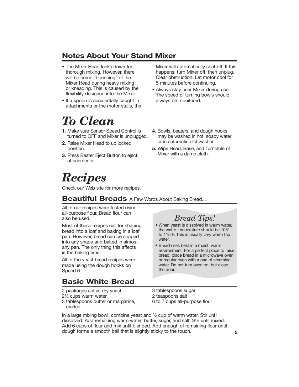 Recipes, Bread tips, Beautiful breads | Basic white bread | Hamilton Beach 840056500 User Manual | Page 5 / 10