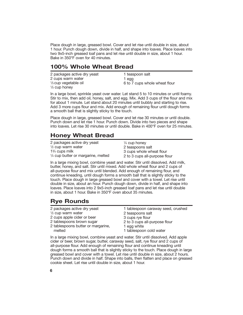 100% whole wheat bread, Honey wheat bread, Rye rounds | Hamilton Beach 840056500 User Manual | Page 6 / 10