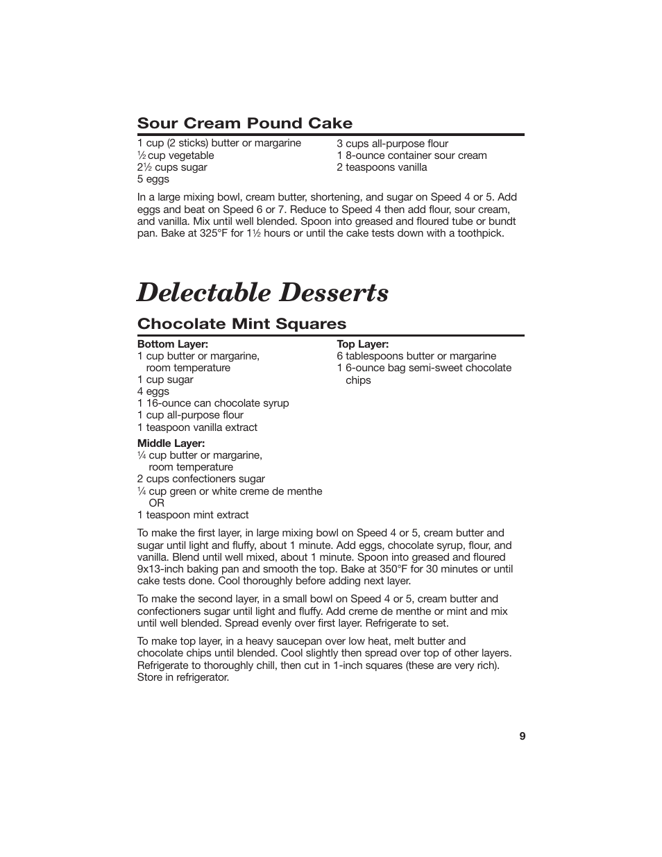 Delectable desserts, Sour cream pound cake, Chocolate mint squares | Hamilton Beach 840056500 User Manual | Page 9 / 10