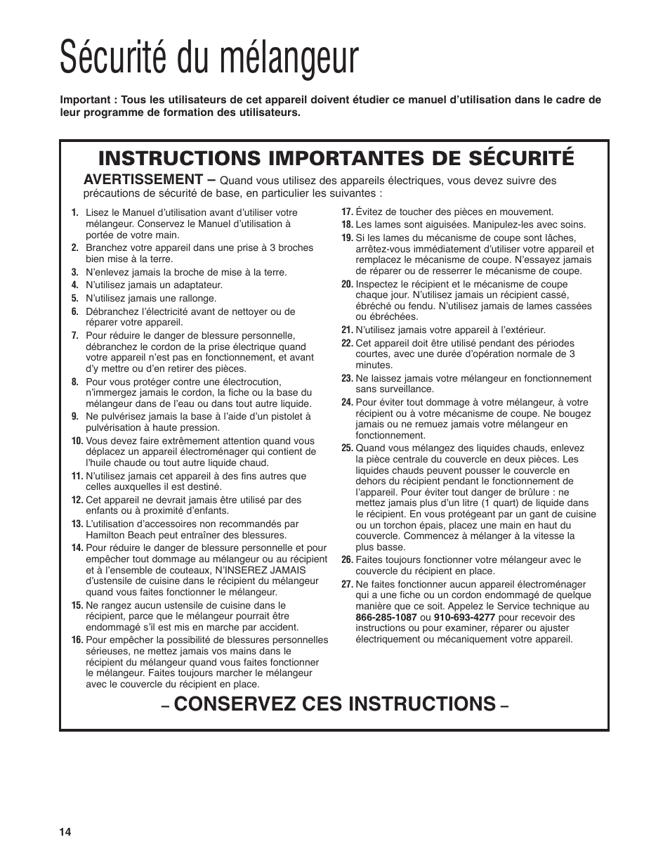 Sécurité du mélangeur, Conservez ces instructions, Instructions importantes de sécurité | Avertissement | Hamilton Beach HBF400 User Manual | Page 14 / 36