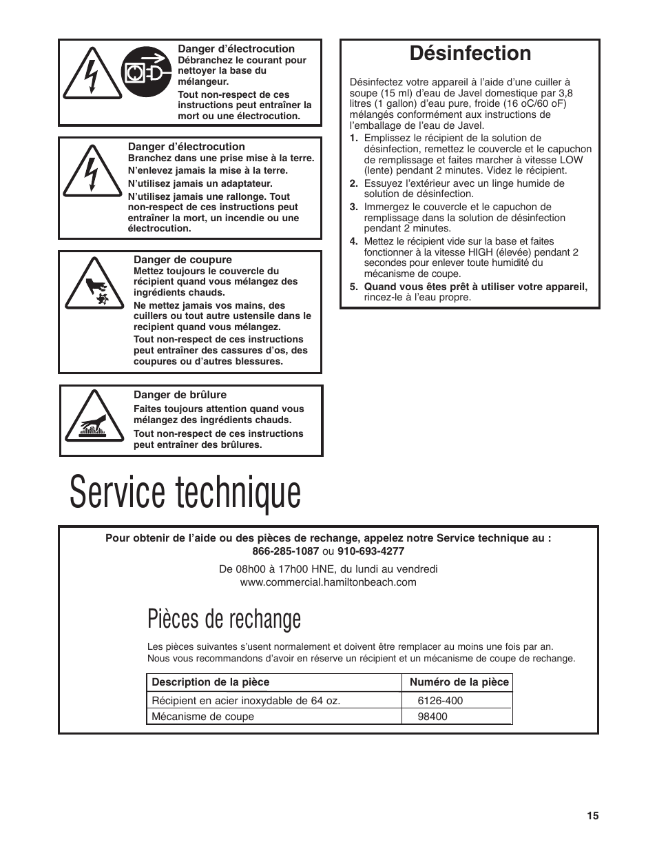 Service technique, Pièces de rechange, Désinfection | Hamilton Beach HBF400 User Manual | Page 15 / 36