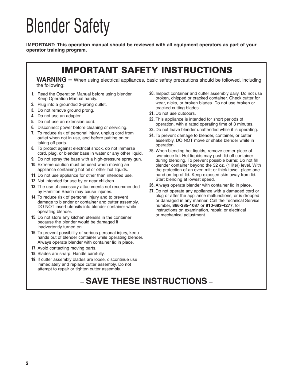 Blender safety, Save these instructions, Important safety instructions | Warning | Hamilton Beach HBF400 User Manual | Page 2 / 36