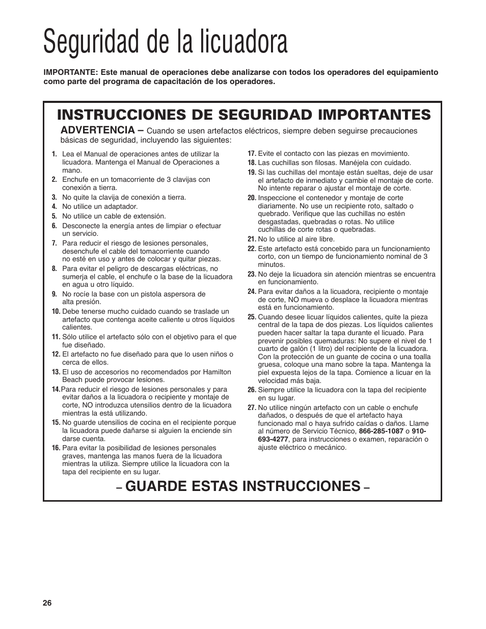 Seguridad de la licuadora, Guarde estas instrucciones, Instrucciones de seguridad importantes | Advertencia | Hamilton Beach HBF400 User Manual | Page 26 / 36