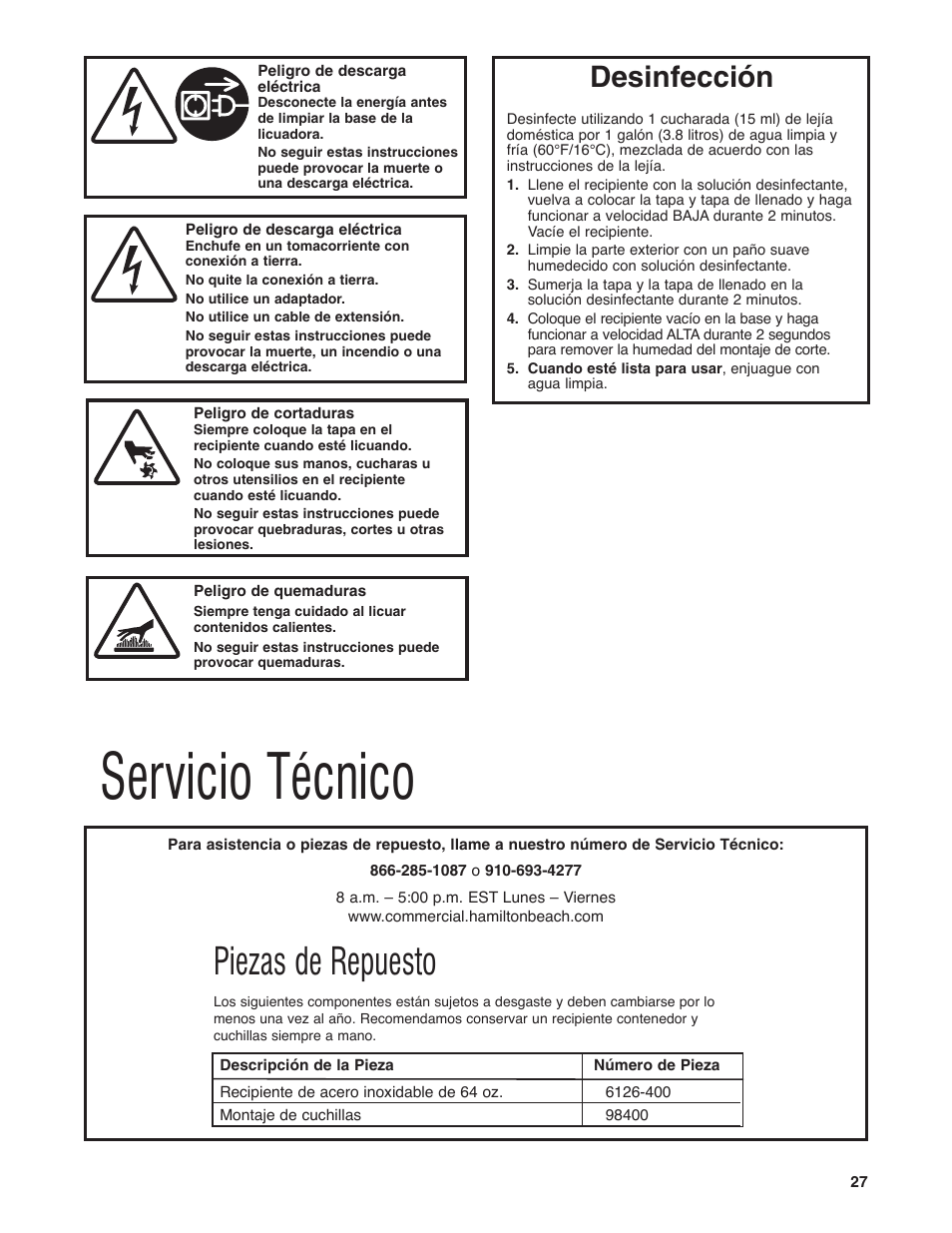 Servicio técnico, Piezas de repuesto, Desinfección | Hamilton Beach HBF400 User Manual | Page 27 / 36