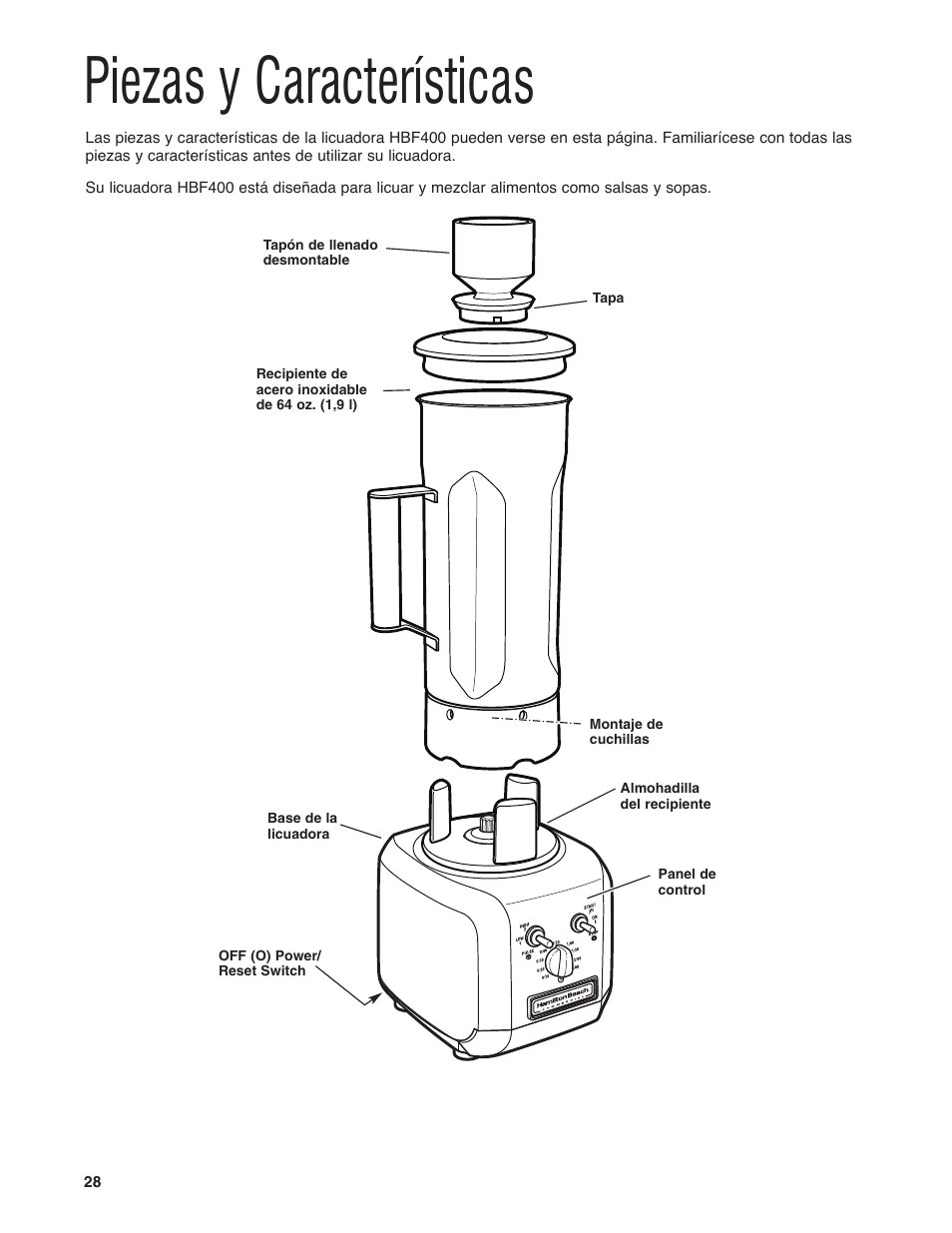 Piezas y características | Hamilton Beach HBF400 User Manual | Page 28 / 36