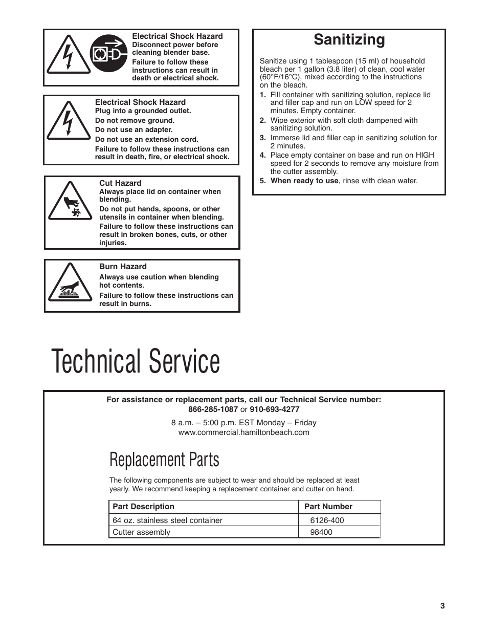 Technical service, Replacement parts, Sanitizing | Hamilton Beach HBF400 User Manual | Page 3 / 36