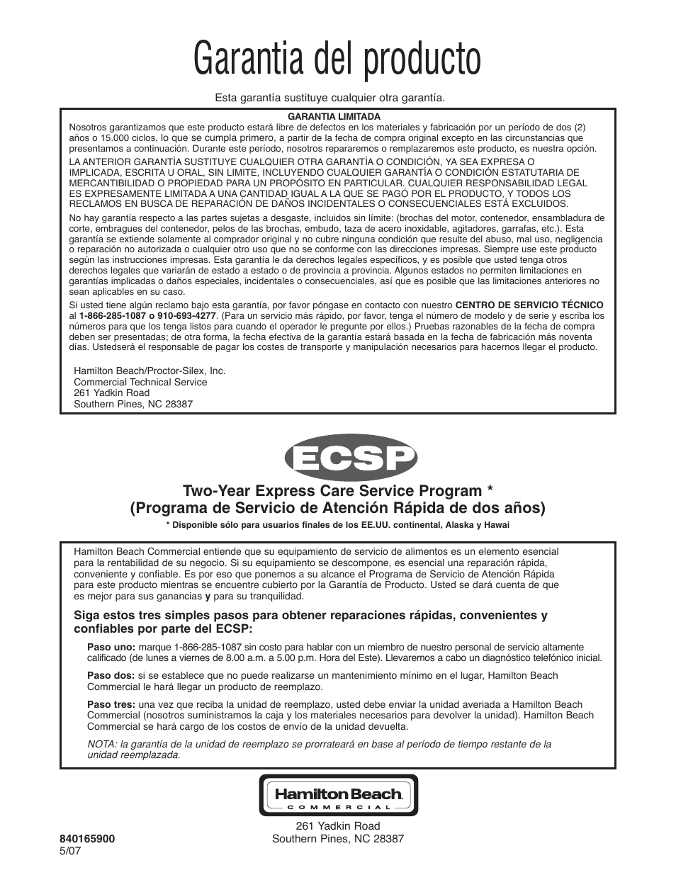 Garantia del producto | Hamilton Beach HBF400 User Manual | Page 36 / 36