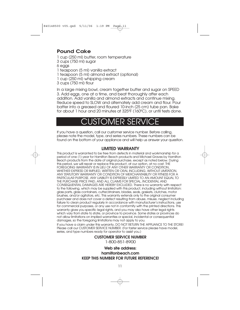 Customer service | Hamilton Beach 840148500 User Manual | Page 11 / 12