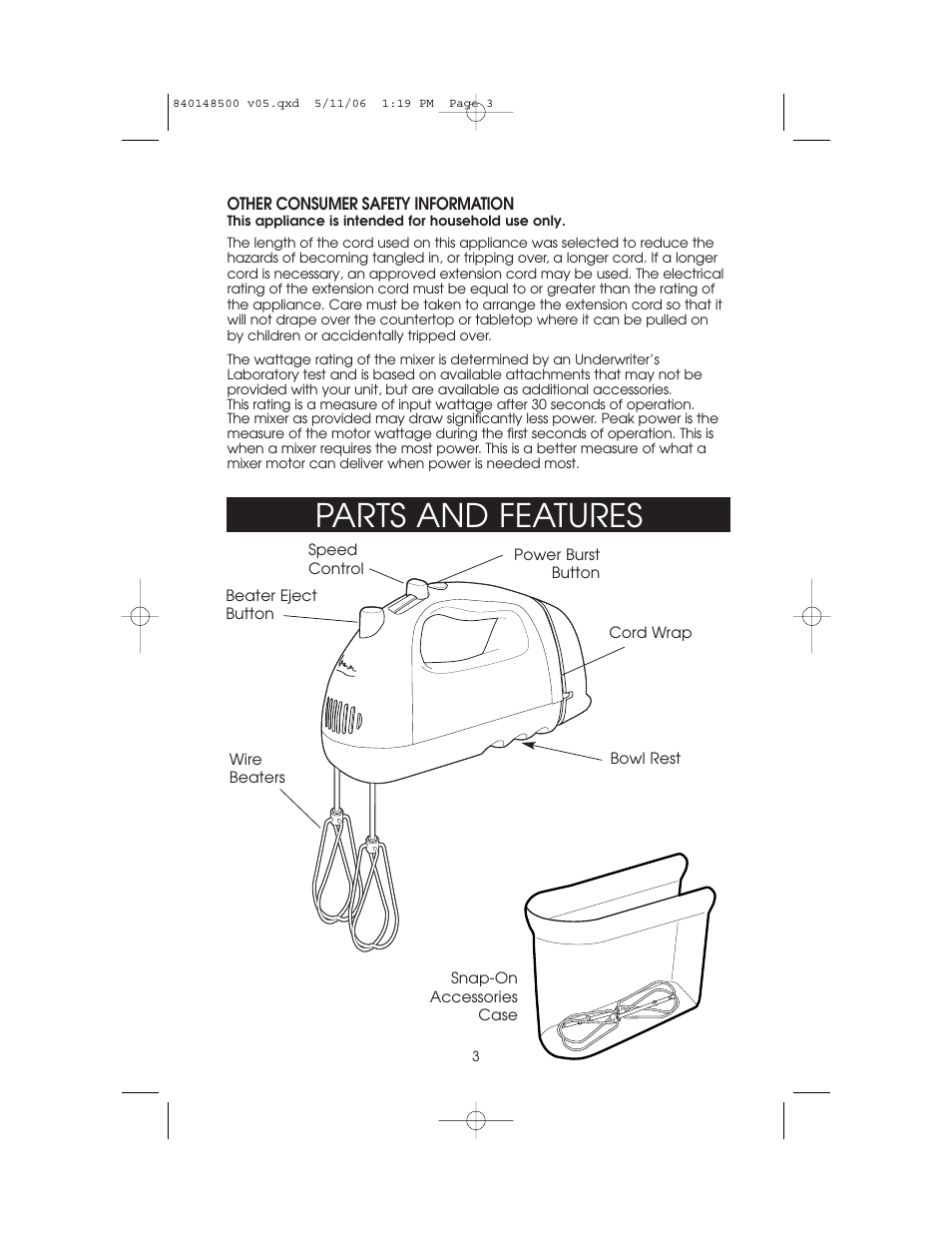 Parts and features | Hamilton Beach 840148500 User Manual | Page 3 / 12