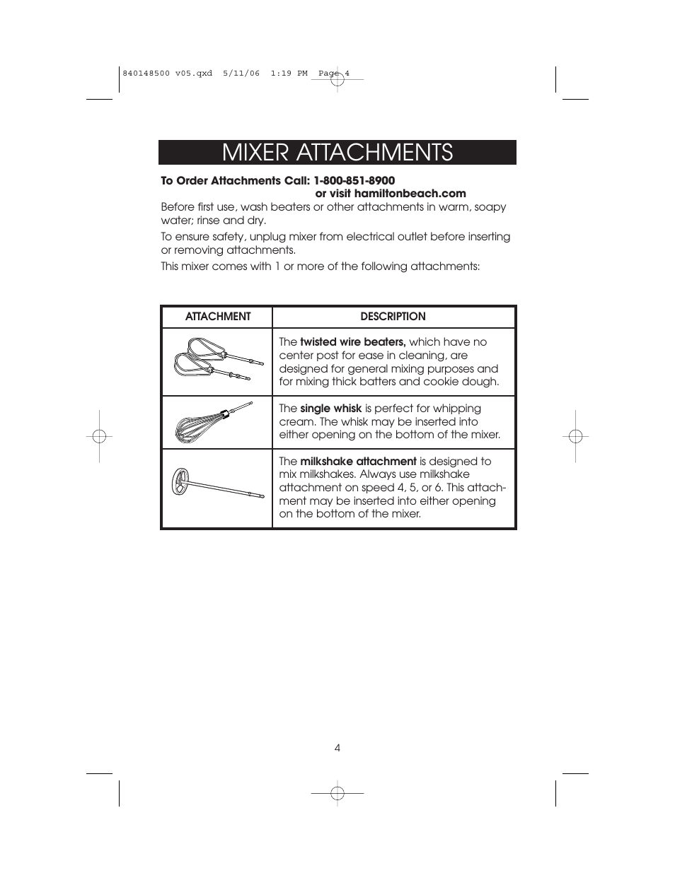 Mixer attachments | Hamilton Beach 840148500 User Manual | Page 4 / 12