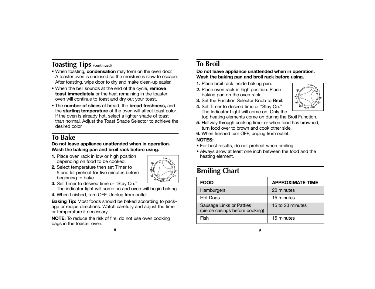 Toasting tips, Broiling chart | Hamilton Beach 840099300 User Manual | Page 5 / 8