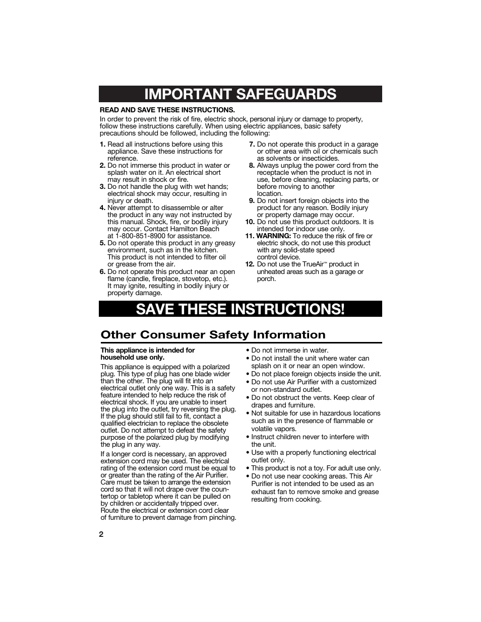 Important safeguards save these instructions, Other consumer safety information | Hamilton Beach 840133100 User Manual | Page 2 / 7