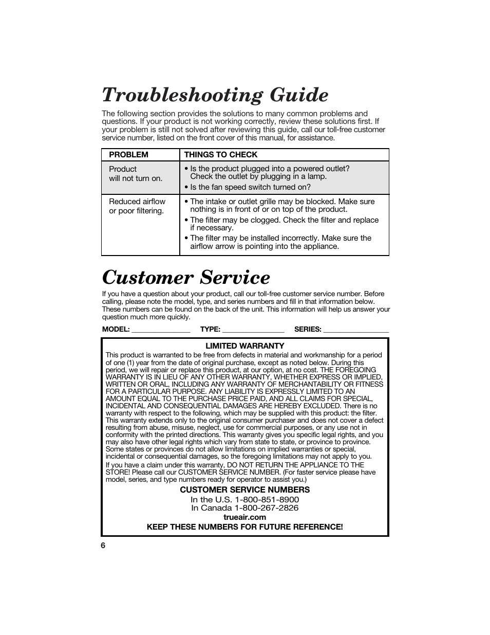 Troubleshooting guide, Customer service | Hamilton Beach 840133100 User Manual | Page 6 / 7