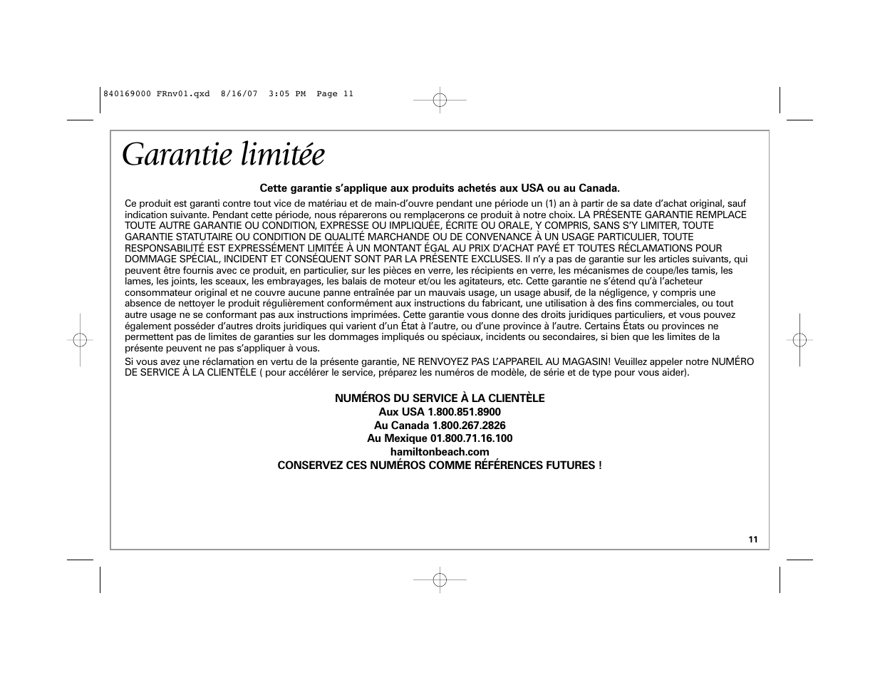 Garantie limitée | Hamilton Beach 76378 User Manual | Page 11 / 20