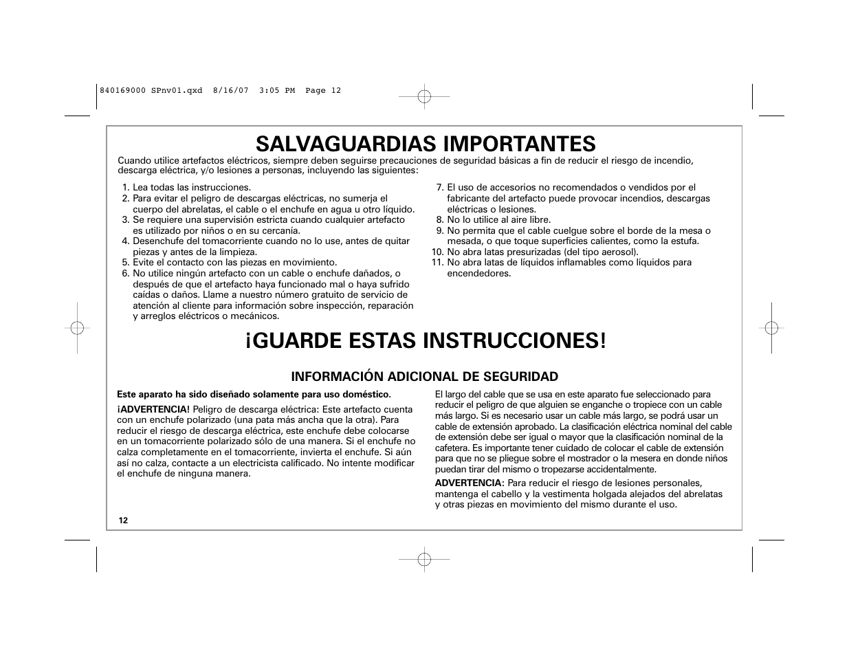 Salvaguardias importantes, Guarde estas instrucciones | Hamilton Beach 76378 User Manual | Page 12 / 20