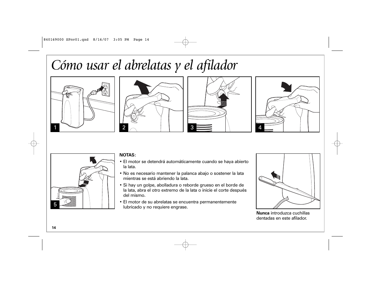 Cómo usar el abrelatas y el afilador | Hamilton Beach 76378 User Manual | Page 14 / 20