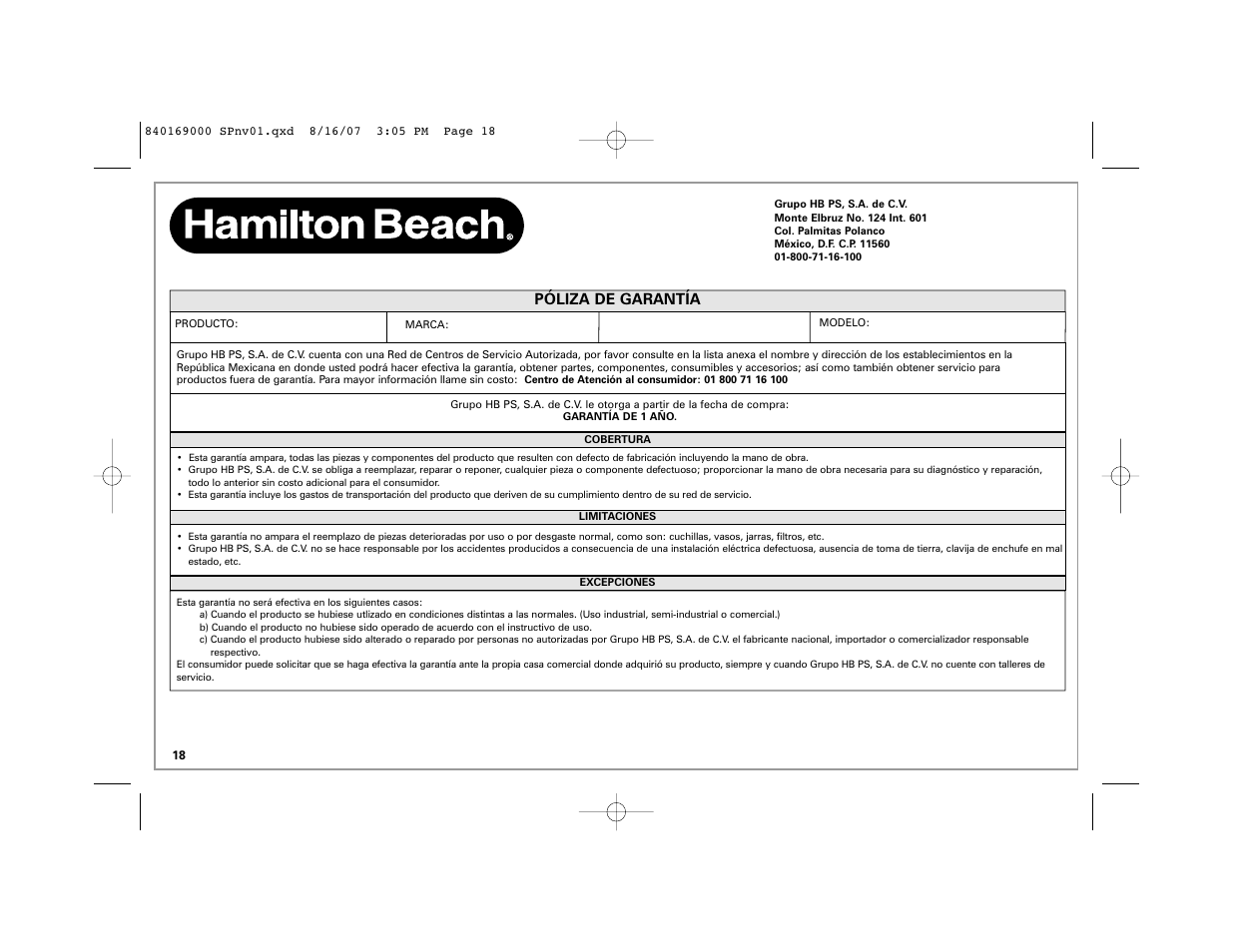 Póliza de garantía | Hamilton Beach 76378 User Manual | Page 18 / 20