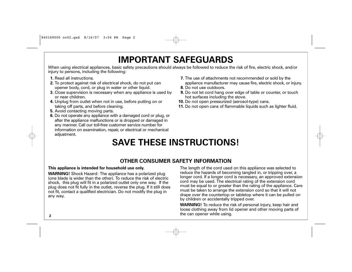 Important safeguards, Save these instructions | Hamilton Beach 76378 User Manual | Page 2 / 20
