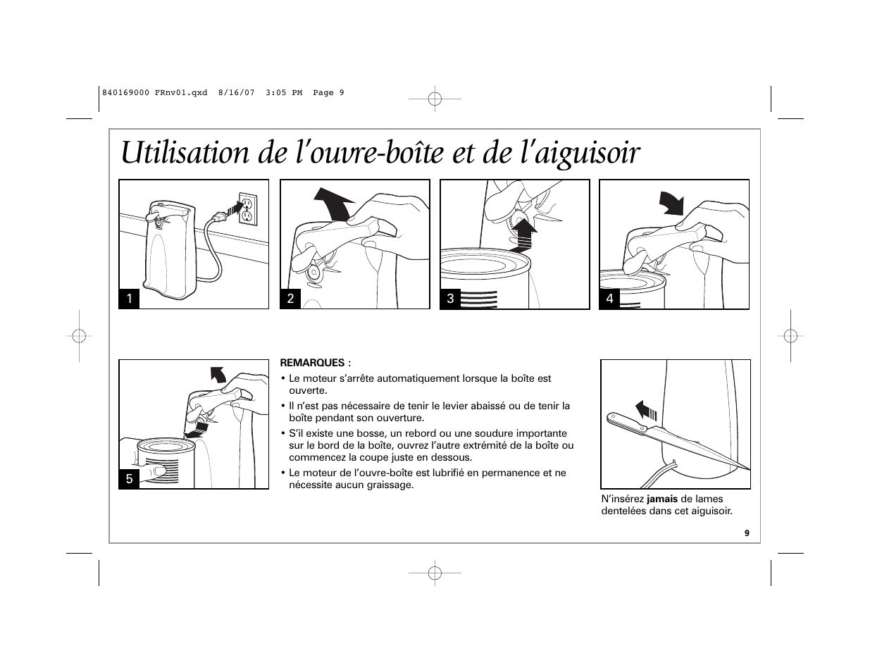 Utilisation de l’ouvre-boîte et de l’aiguisoir | Hamilton Beach 76378 User Manual | Page 9 / 20