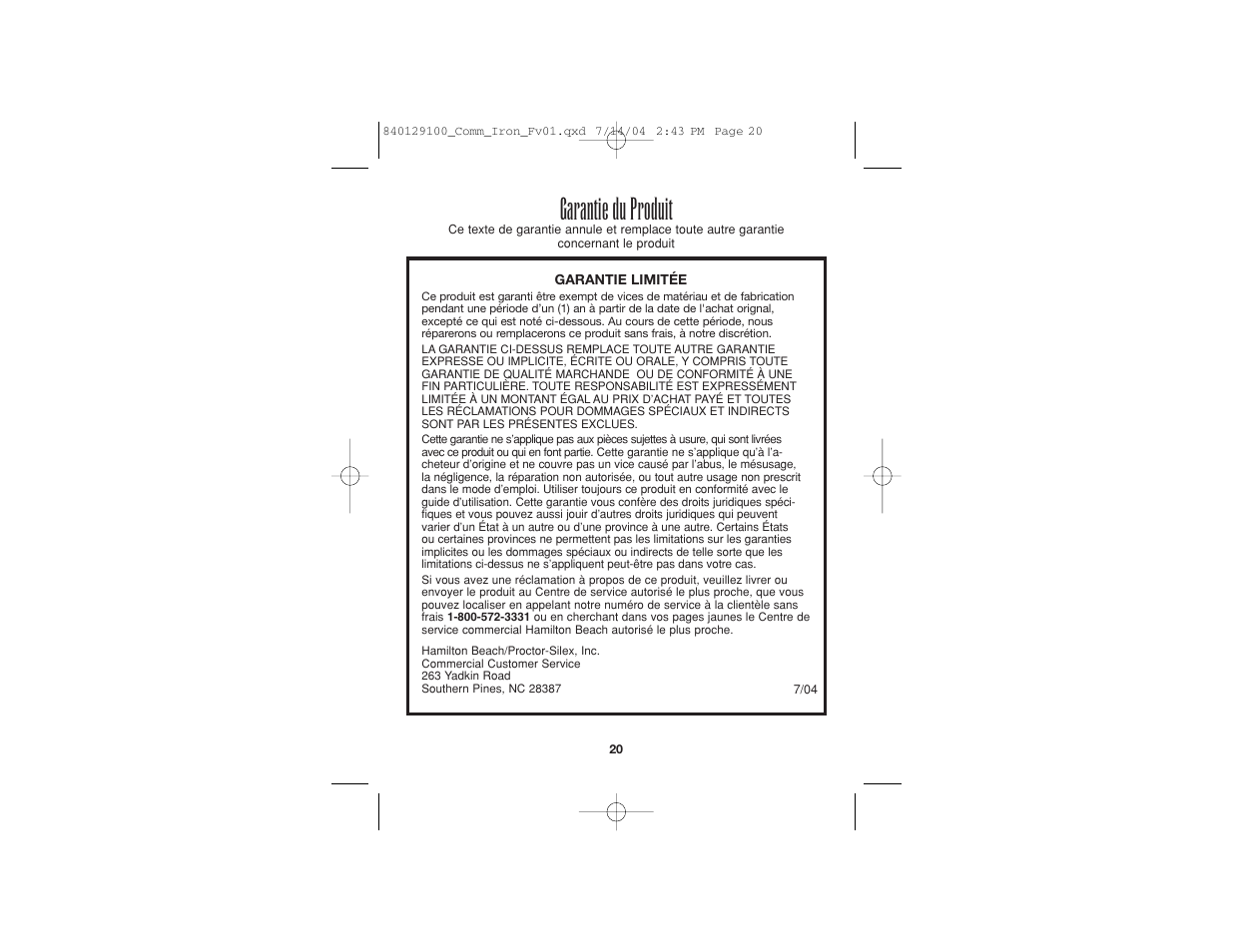 Garantie du produit | Hamilton Beach 840129100 User Manual | Page 12 / 19