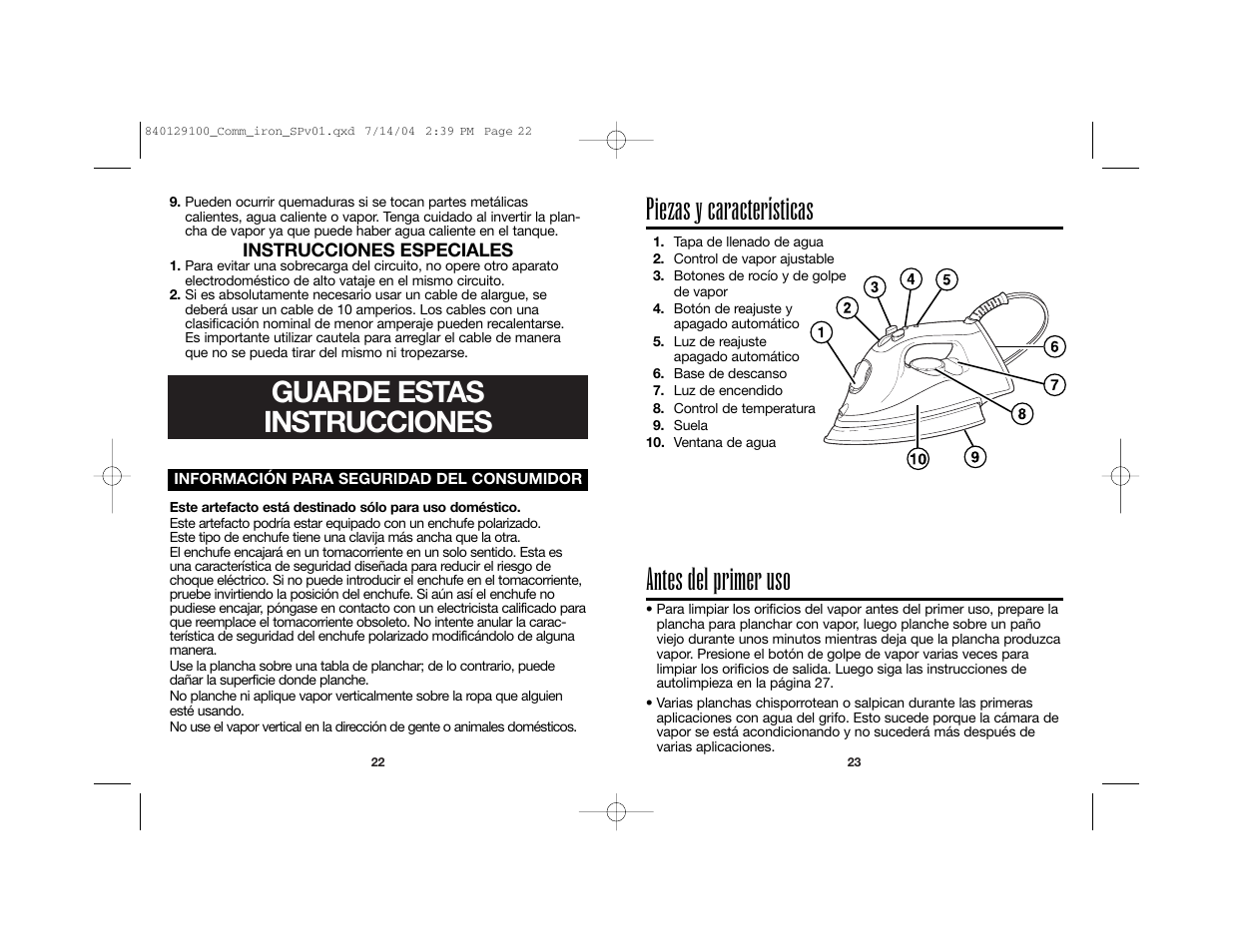 Guarde estas instrucciones, Piezas y características, Antes del primer uso | Hamilton Beach 840129100 User Manual | Page 14 / 19