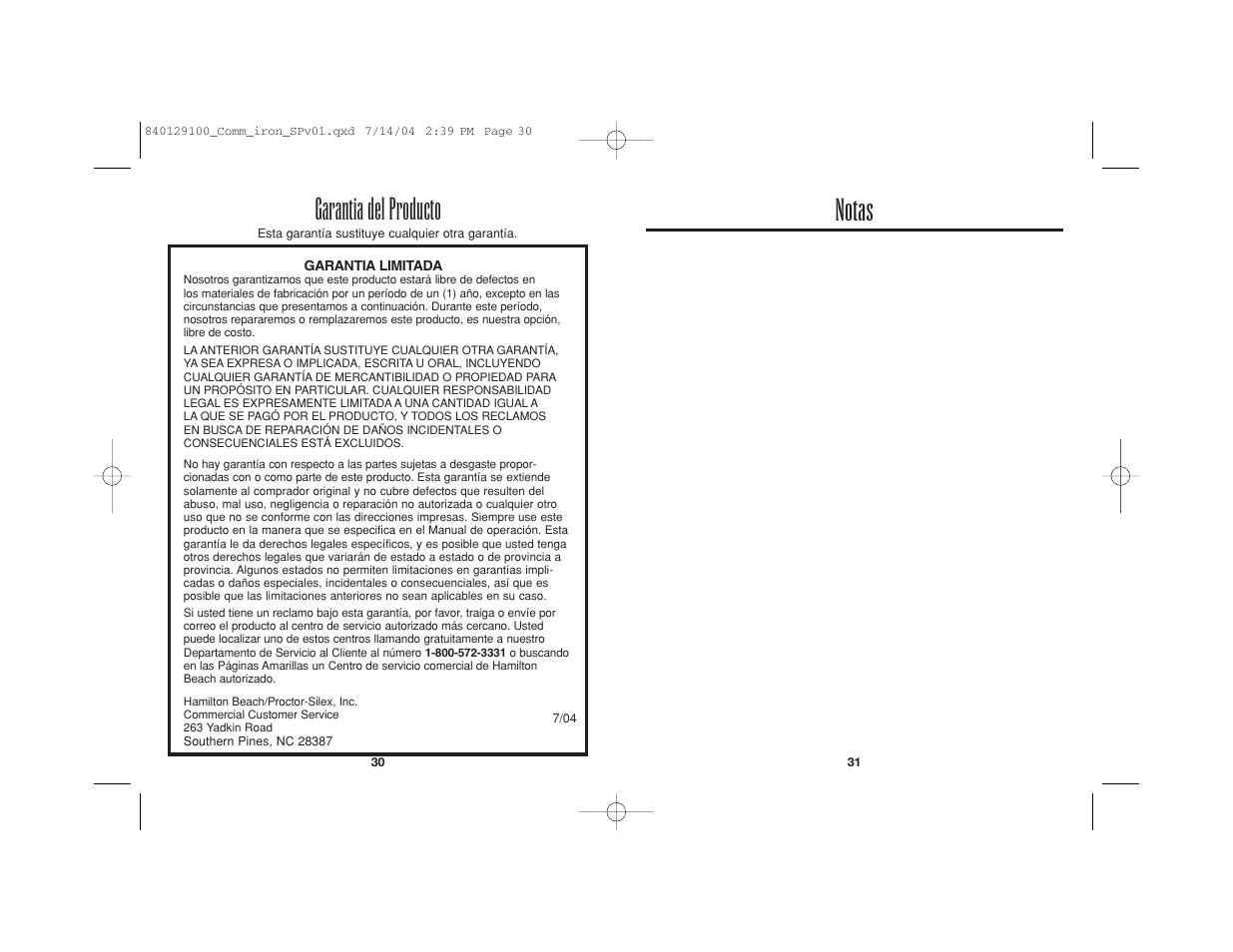 Garantia del producto, Notas | Hamilton Beach 840129100 User Manual | Page 18 / 19