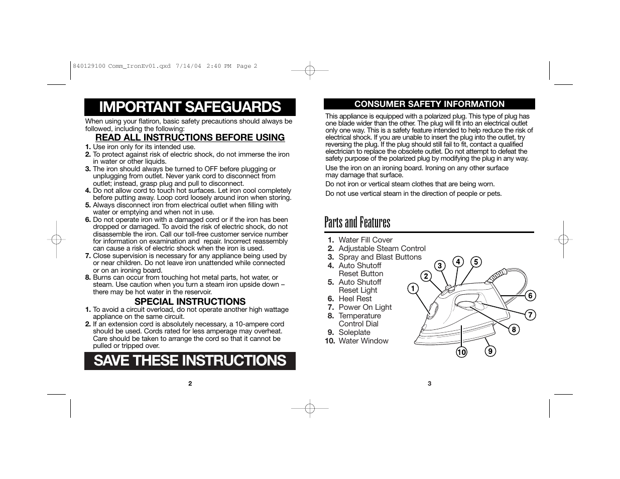 Save these instructions, Important safeguards, Parts and features | Hamilton Beach 840129100 User Manual | Page 2 / 19