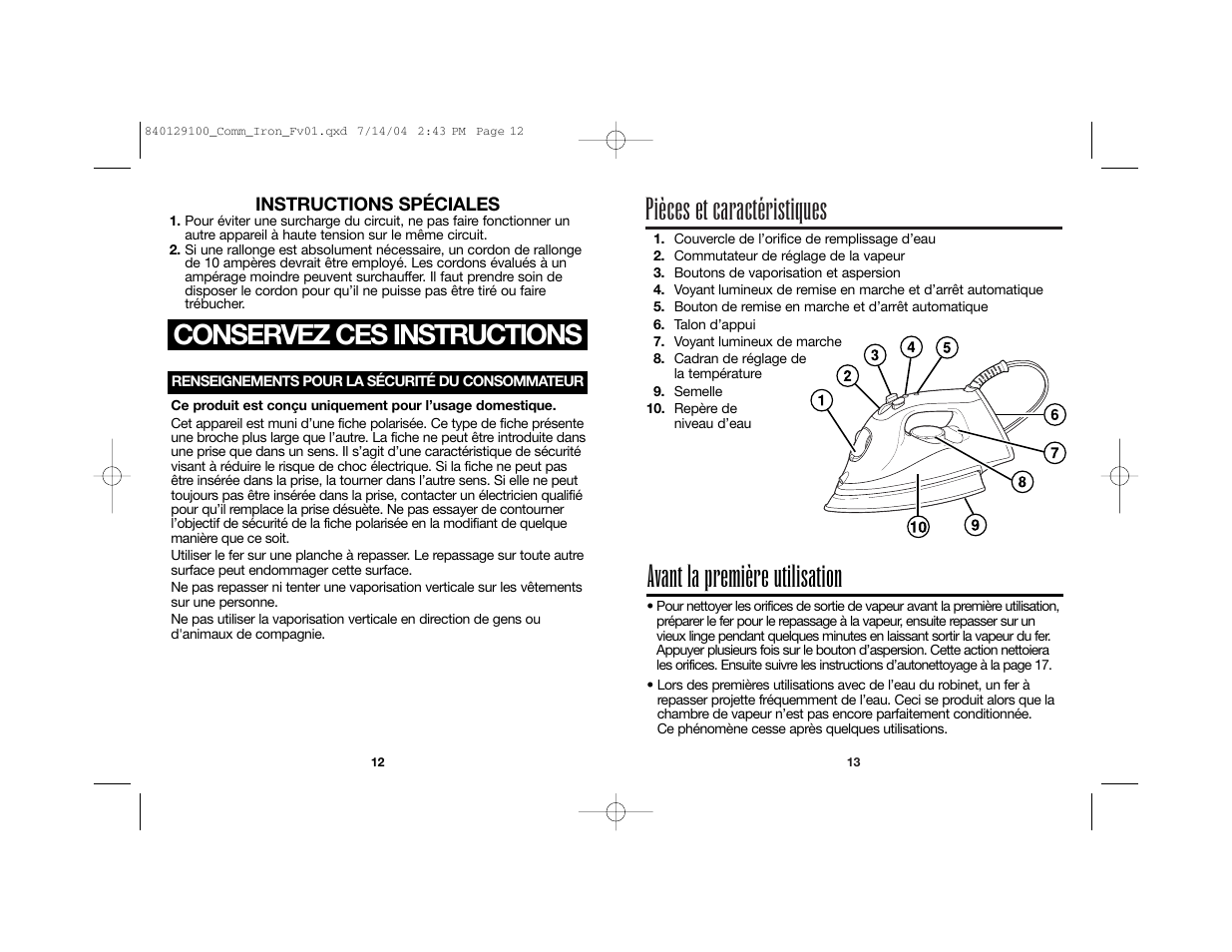 Pièces et caractéristiques | Hamilton Beach 840129100 User Manual | Page 8 / 19