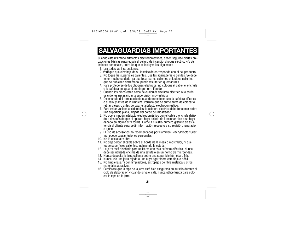 Salvaguardias importantes | Hamilton Beach 49444 User Manual | Page 13 / 19