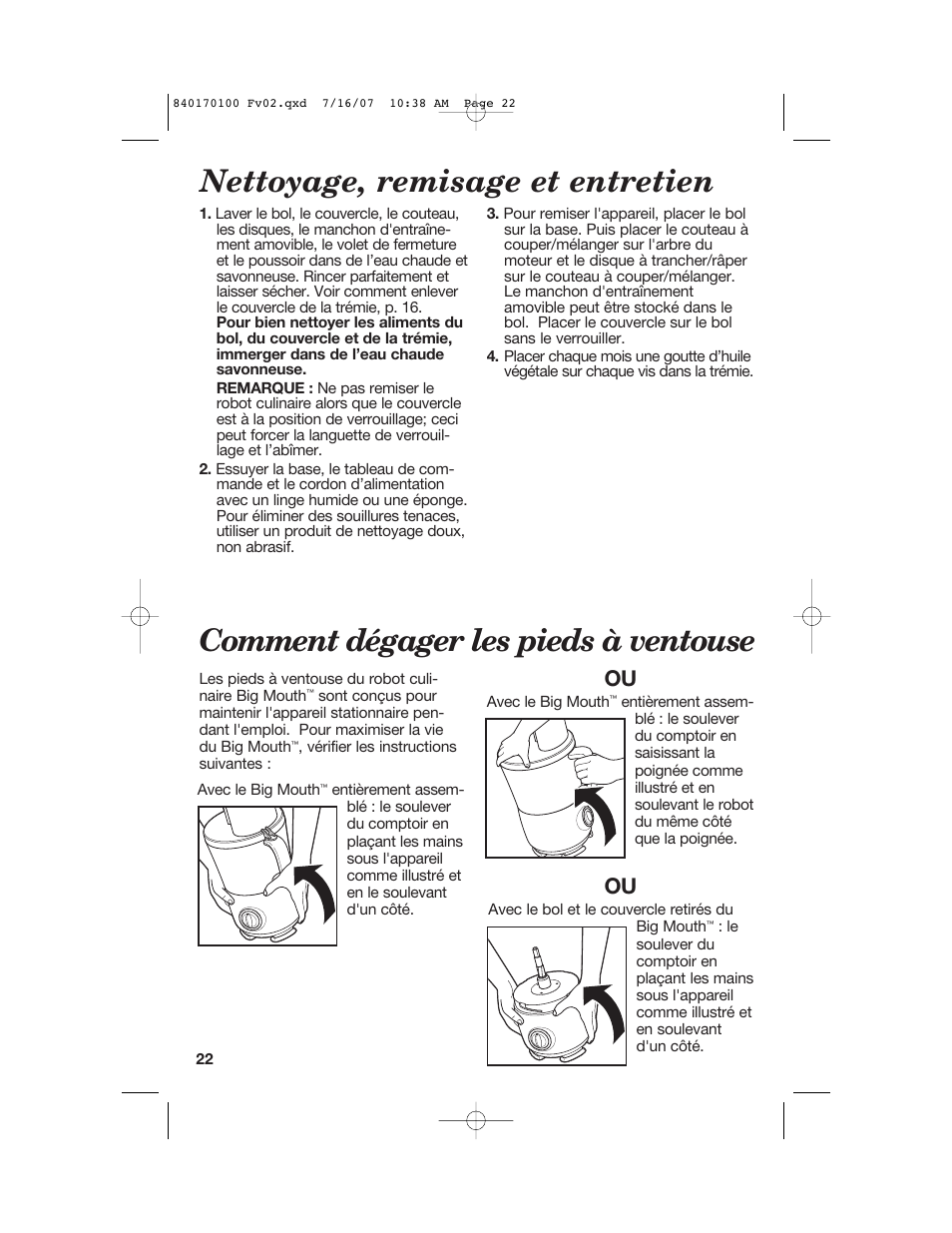 Nettoyage, remisage et entretien, Comment dégager les pieds à ventouse | Hamilton Beach Big Mouth 840170100 User Manual | Page 22 / 36