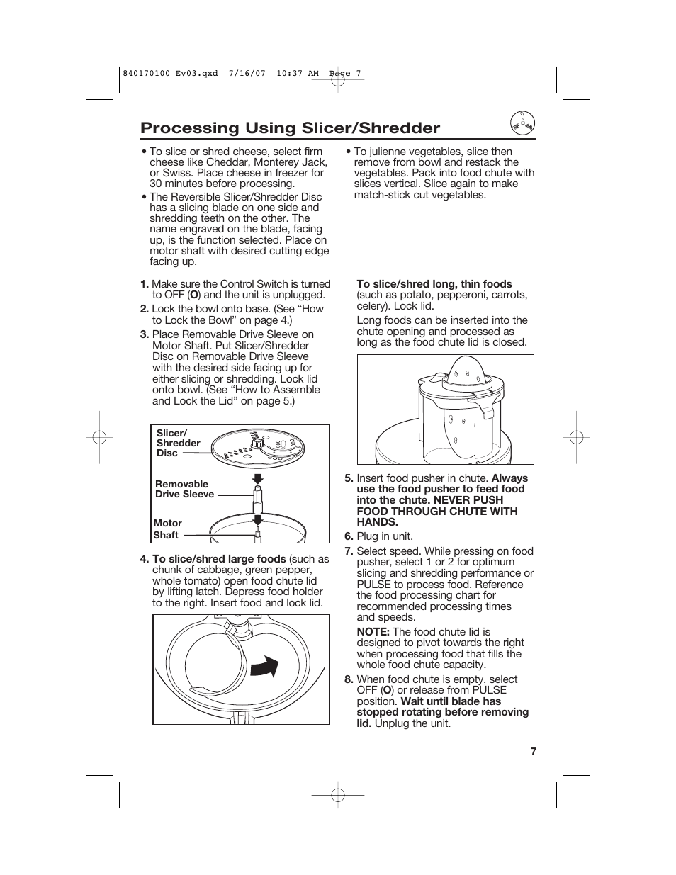 Processing using slicer/shredder | Hamilton Beach Big Mouth 840170100 User Manual | Page 7 / 36