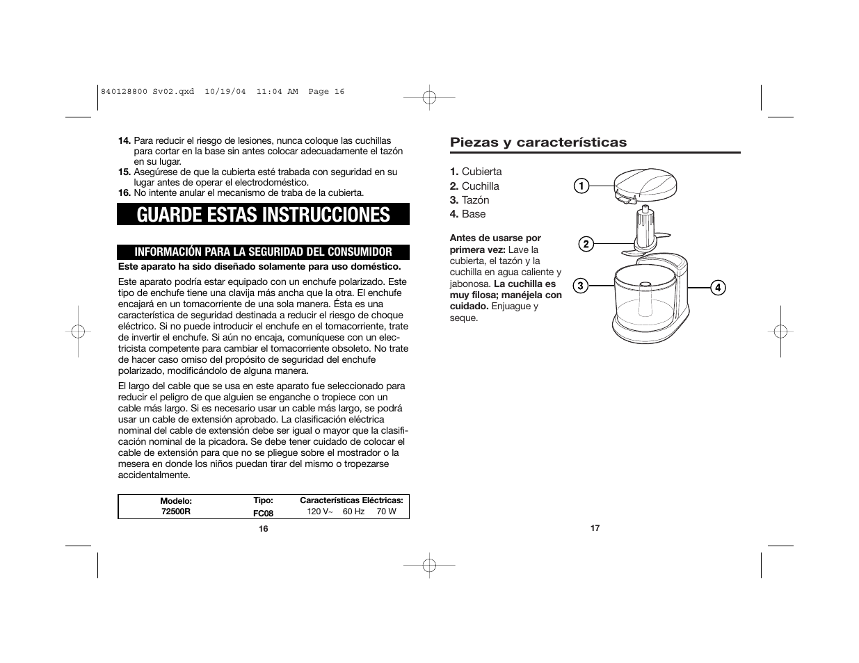 Guarde estas instrucciones, Piezas y características | Hamilton Beach 72500R User Manual | Page 10 / 14