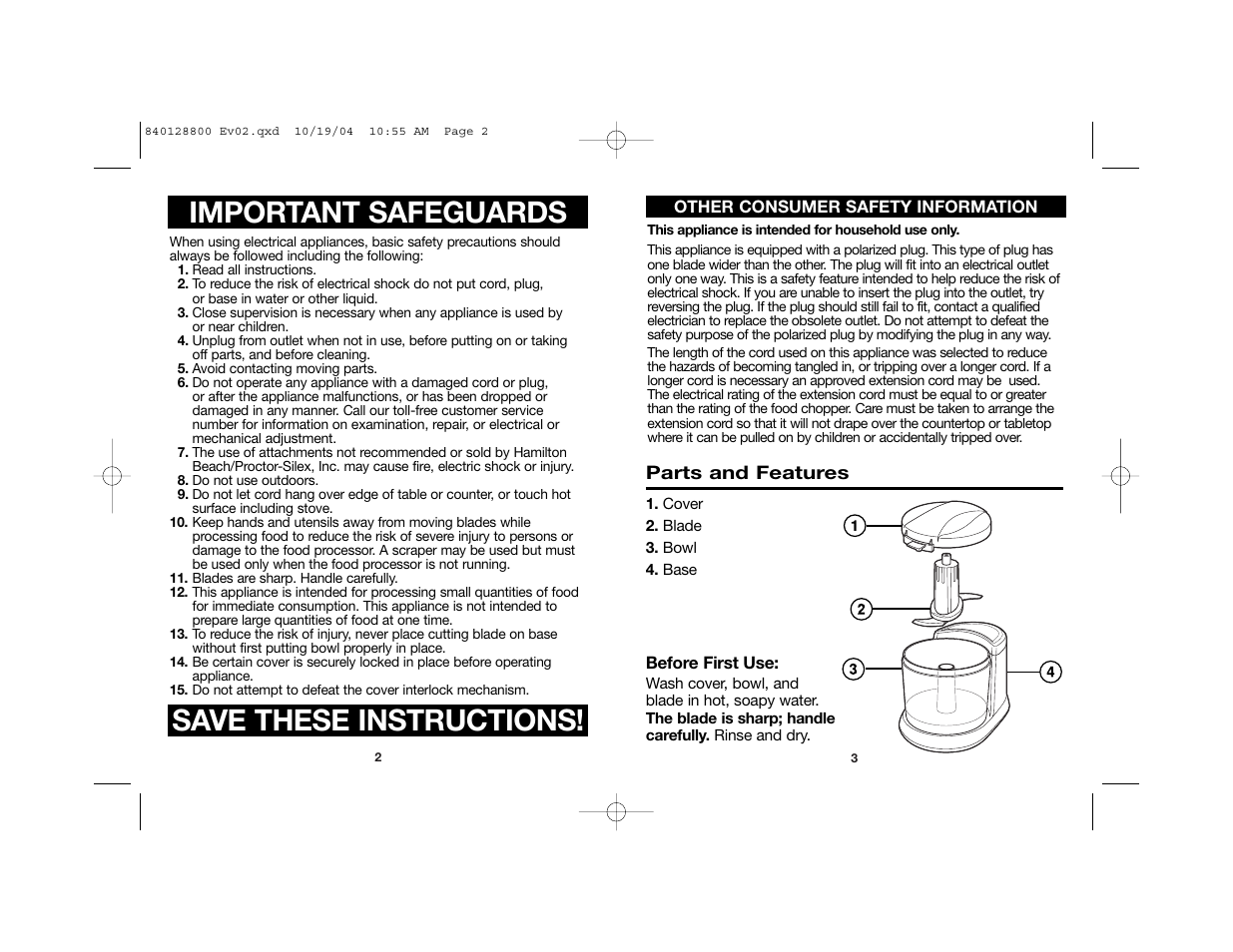 Important safeguards save these instructions | Hamilton Beach 72500R User Manual | Page 2 / 14