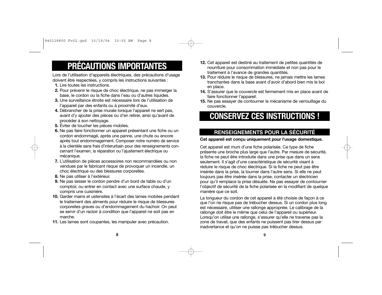 Précautions importantes, Conservez ces instructions | Hamilton Beach 72500R User Manual | Page 5 / 14