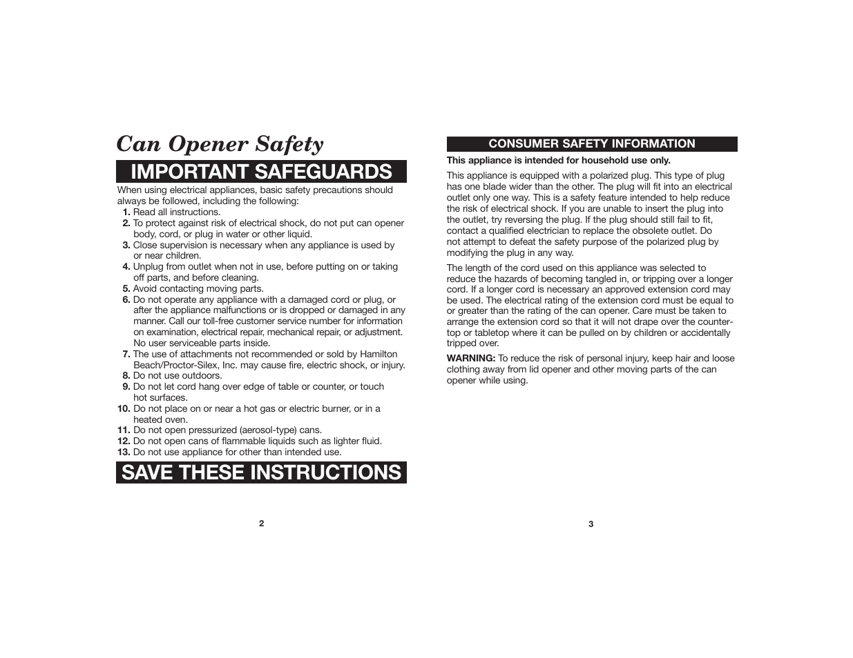 Can opener safety, Important safeguards save these instructions | Hamilton Beach Open Ease Can Opener 840064900 User Manual | Page 2 / 5