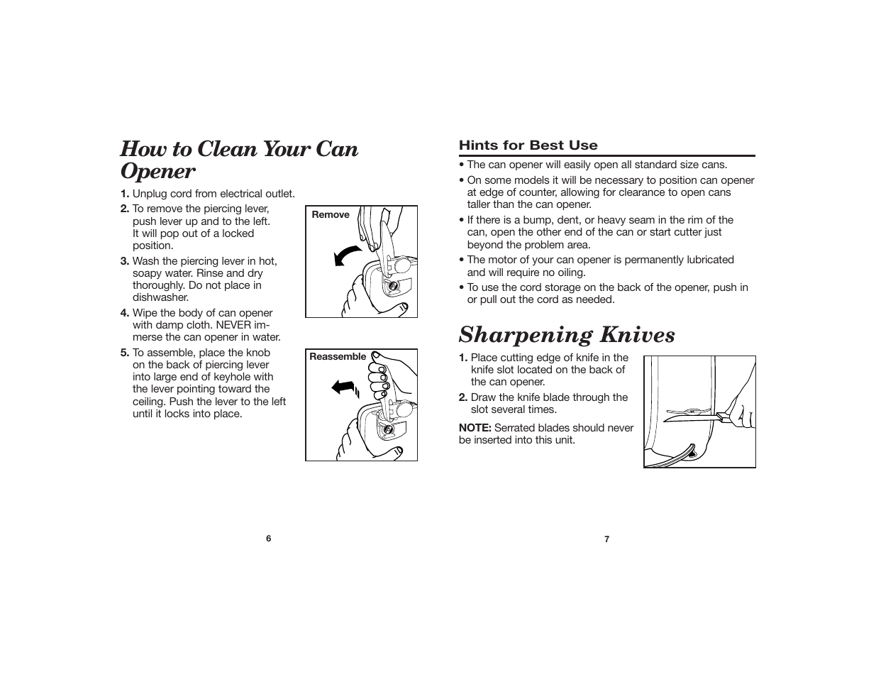 Sharpening knives, How to clean your can opener | Hamilton Beach Open Ease Can Opener 840064900 User Manual | Page 4 / 5