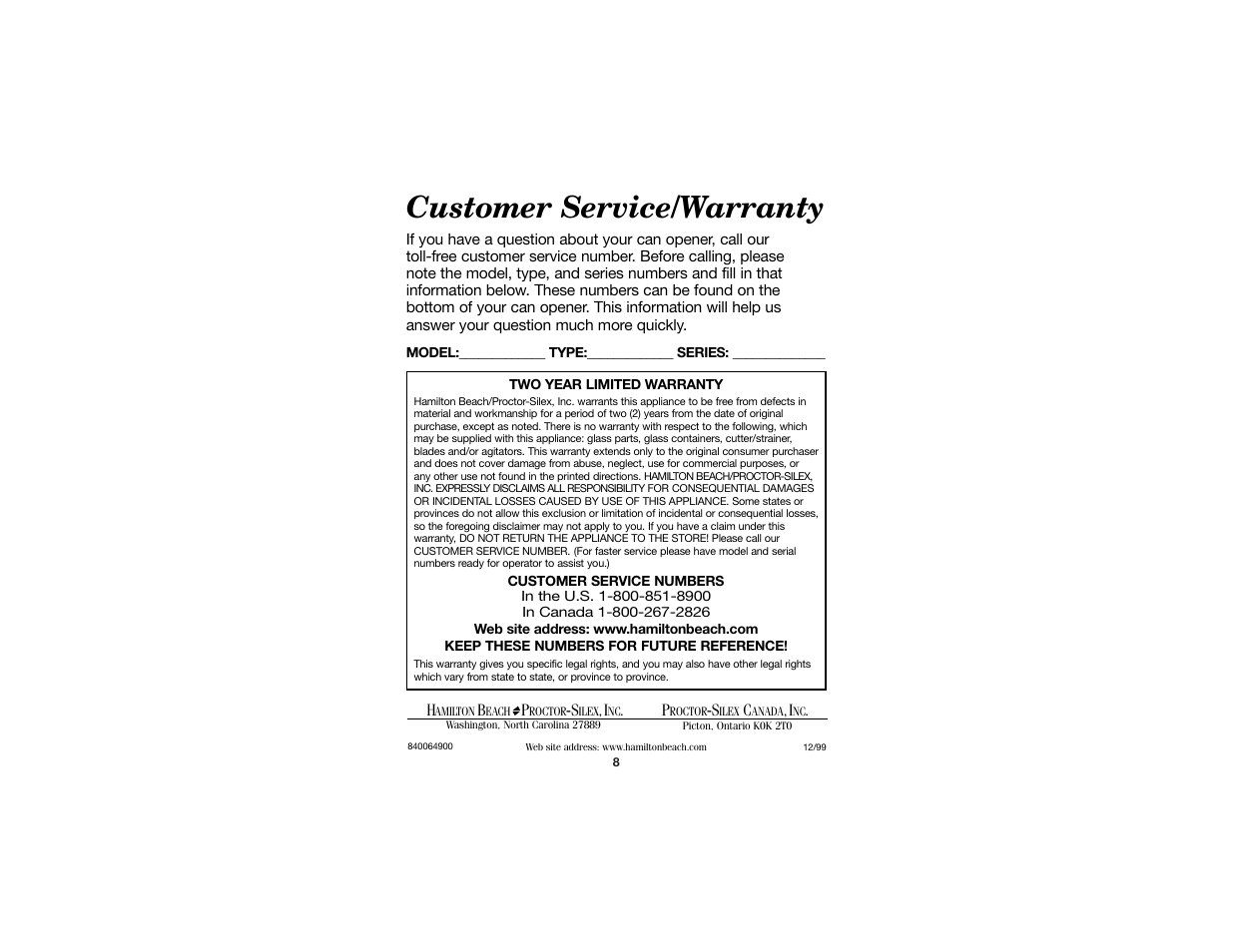 Customer service/warranty | Hamilton Beach Open Ease Can Opener 840064900 User Manual | Page 5 / 5