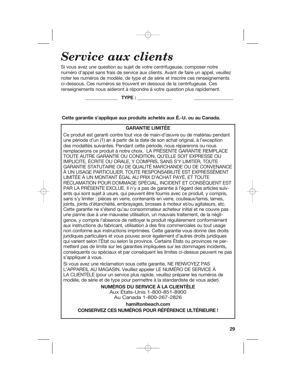 Service aux clients | Hamilton Beach 840148101 User Manual | Page 29 / 44