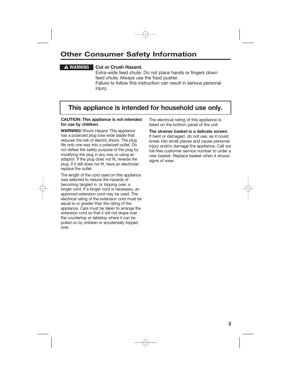 Other consumer safety information, This appliance is intended for household use only | Hamilton Beach 840148101 User Manual | Page 3 / 44