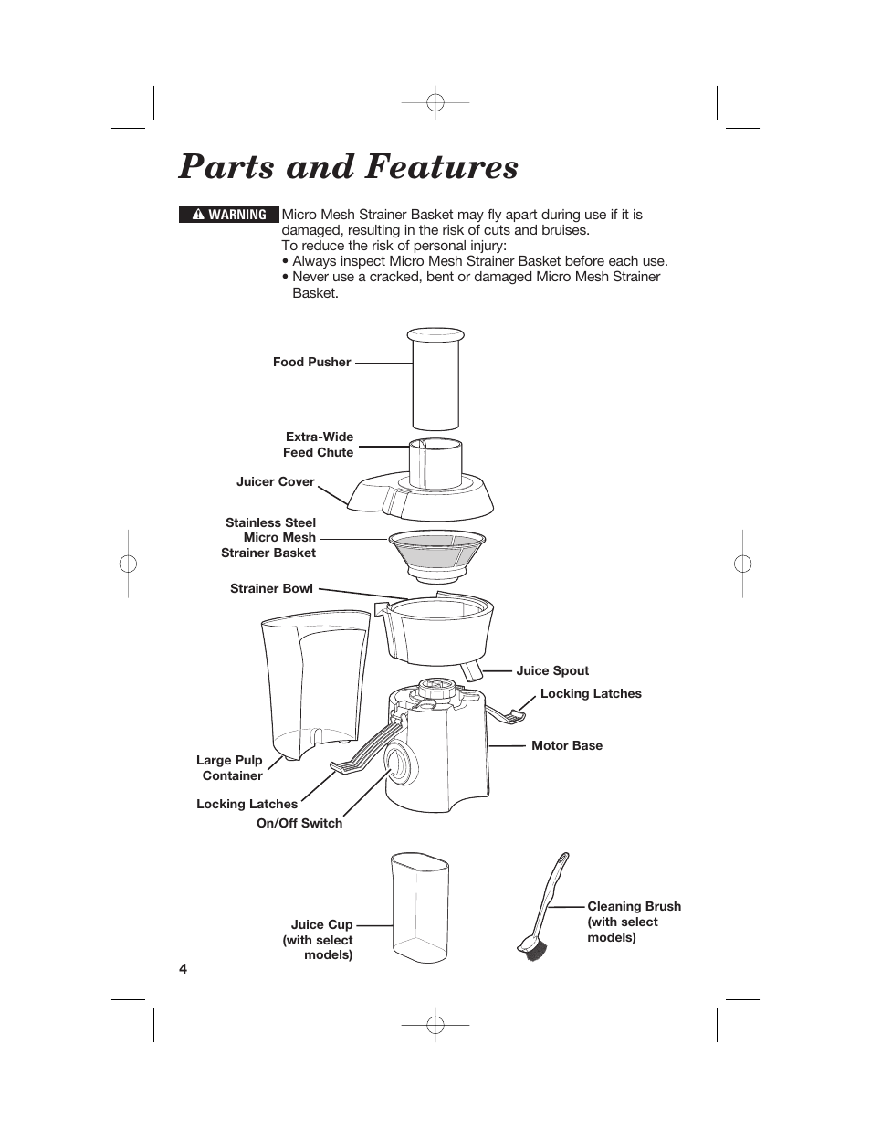 Parts and features | Hamilton Beach 840148101 User Manual | Page 4 / 44