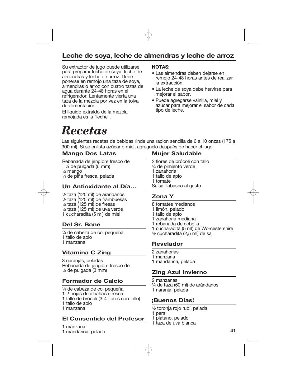 Recetas, Leche de soya, leche de almendras y leche de arroz | Hamilton Beach 840148101 User Manual | Page 41 / 44