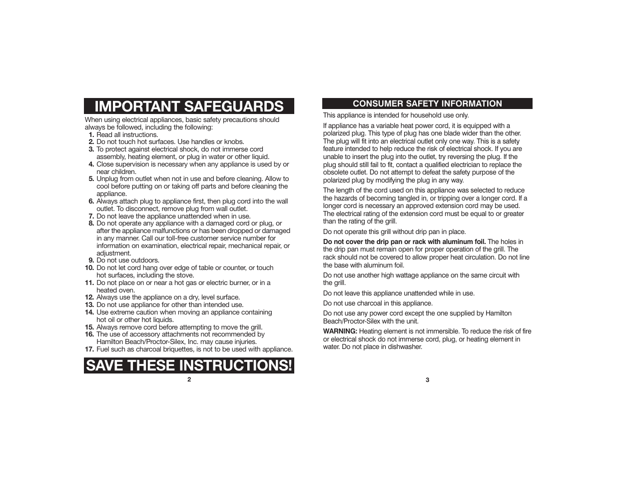 Important safeguards save these instructions | Hamilton Beach 840058500 User Manual | Page 2 / 9