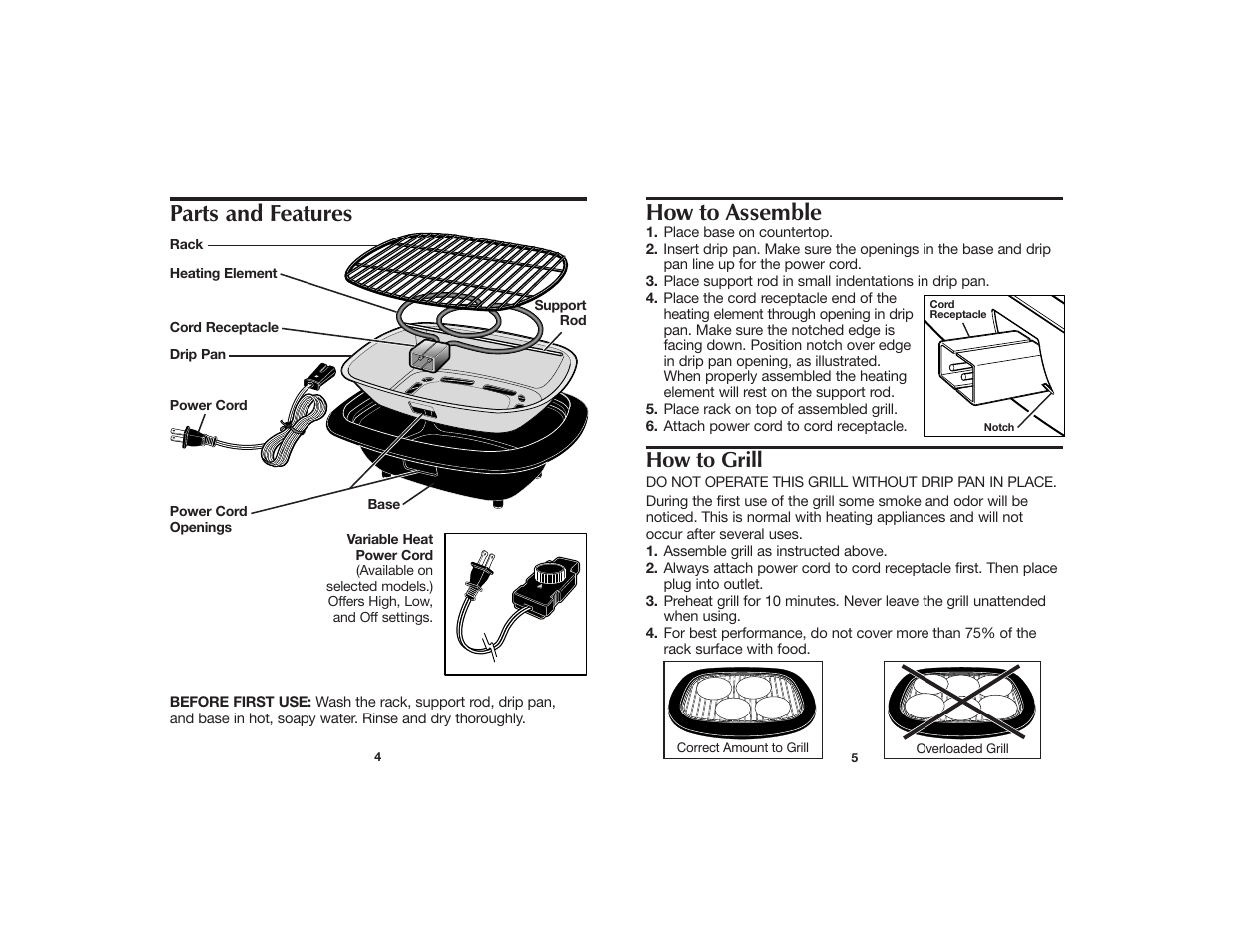 How to assemble, Parts and features, How to grill | Hamilton Beach 840058500 User Manual | Page 3 / 9