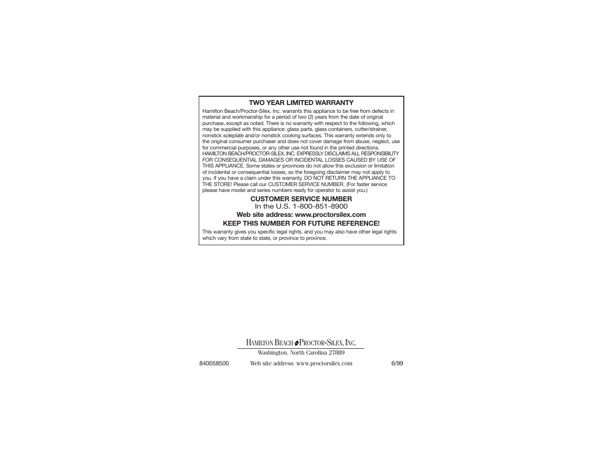Hamilton Beach 840058500 User Manual | Page 9 / 9