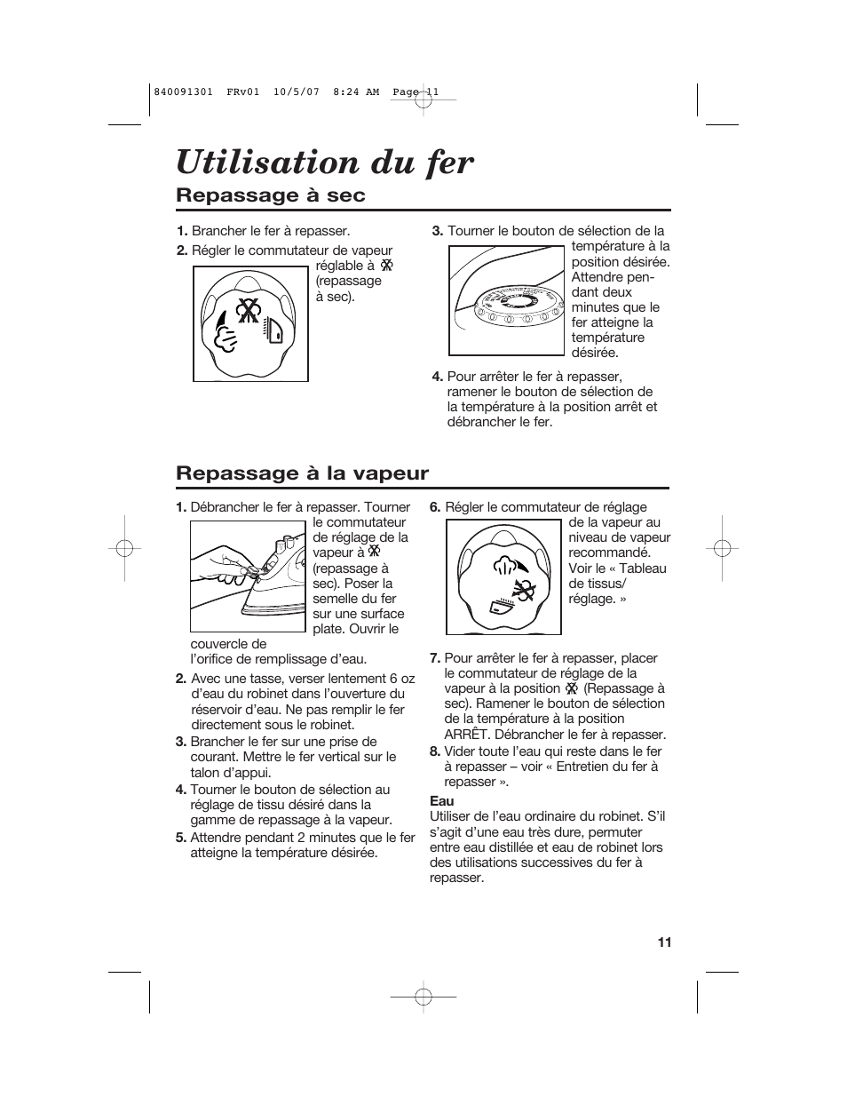 Utilisation du fer, Repassage à sec, Repassage à la vapeur | Hamilton Beach 14560T User Manual | Page 11 / 24