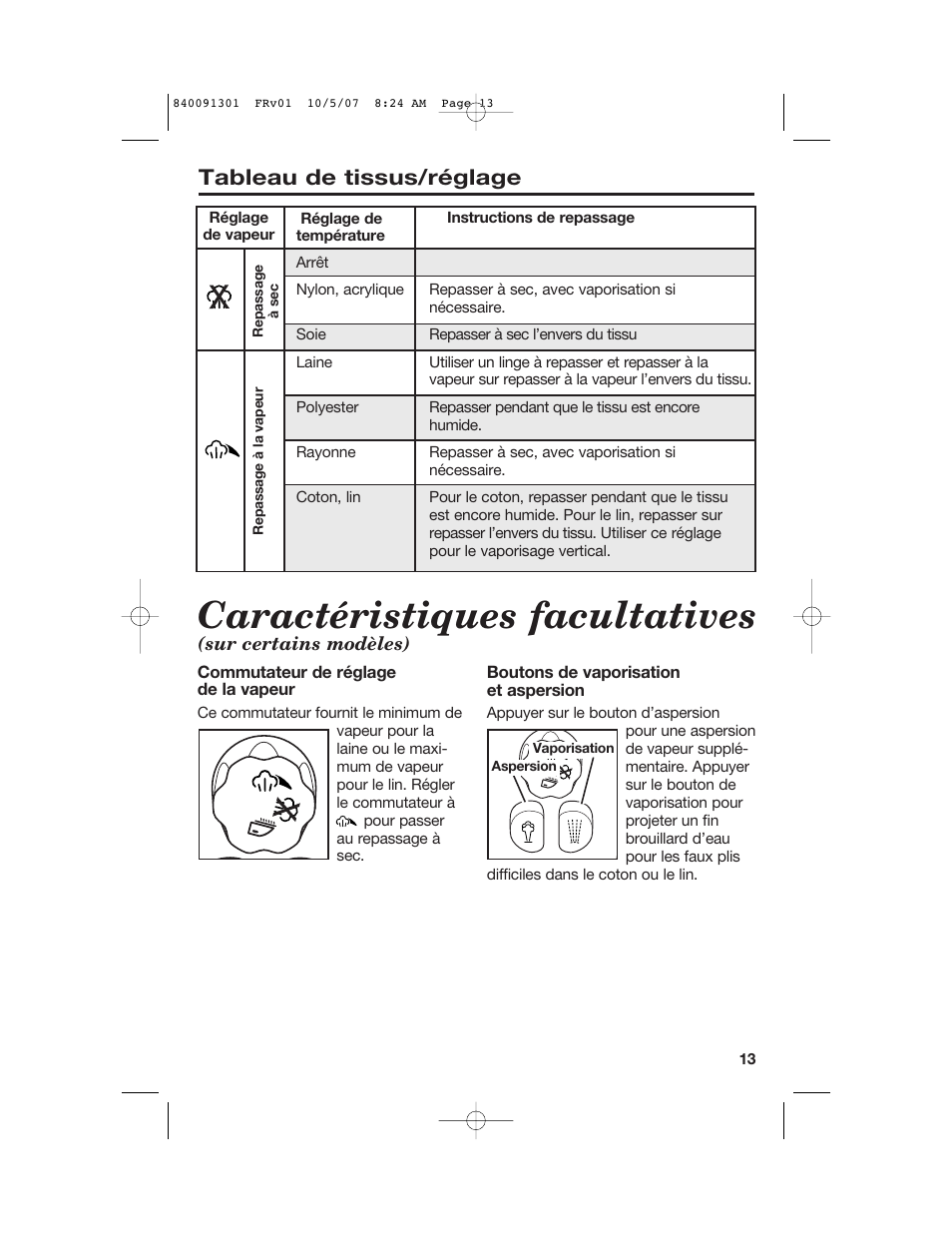Caractéristiques facultatives, Tableau de tissus/réglage | Hamilton Beach 14560T User Manual | Page 13 / 24