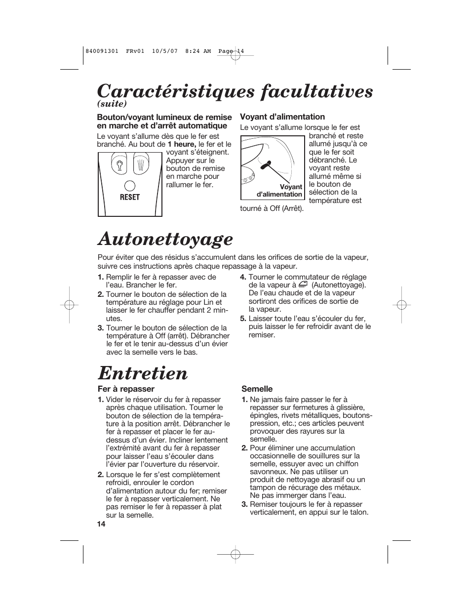 Entretien, Caractéristiques facultatives, Autonettoyage | Hamilton Beach 14560T User Manual | Page 14 / 24