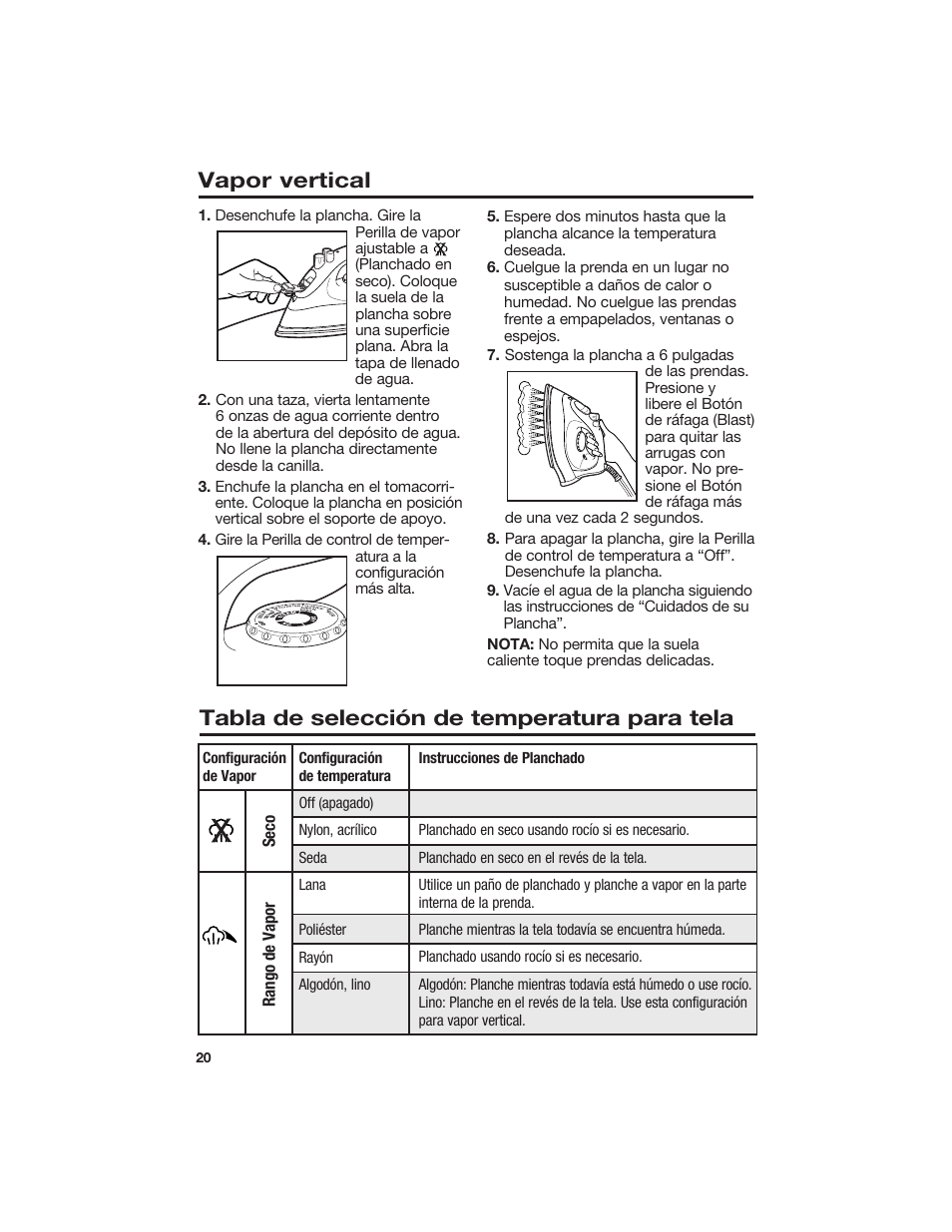 Vapor vertical, Tabla de selección de temperatura para tela | Hamilton Beach 14560T User Manual | Page 20 / 24